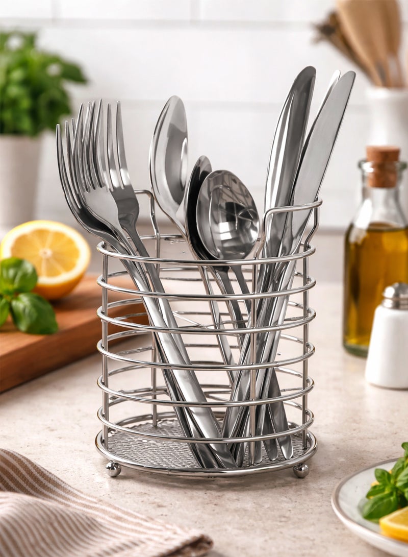 Toshionics 24-Piece Stainless Steel Cutlery Set with Holder | Modern Square Handle Flatware Set | Rust-Resistant Silver Spoon Fork Knife Set with Mesh Bottom Stand - Image 1